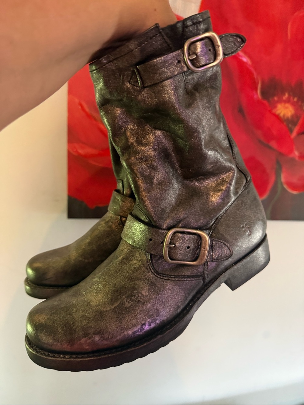 Frye Veronica Womens Black Leather Mid-Calf Biker Boots Buckle US 7B EU 38